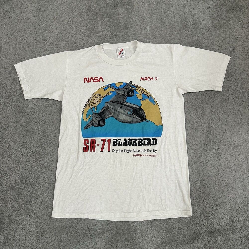 Vintage SR-71 Blackbird Plane NASA Graphic Cotton T-shirt Kids M 80s Aviator